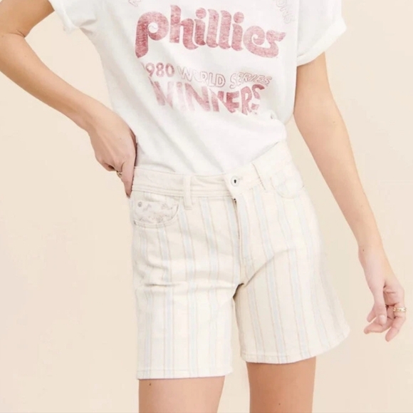 Pilcro Anthropologie Anthro Stripe High Rise Slim Boyfriend Shorts Cream Blue 27 - Picture 3 of 16